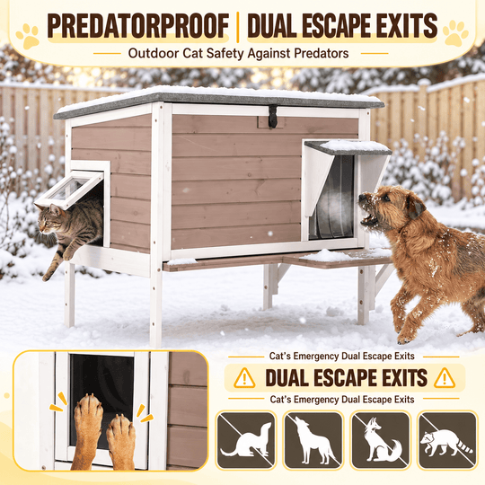 MEDEHOO 33" Heated Outdoor Cat House, Weatherproof Feral Cat Shelter for Winter with Safe Electric Heater, 6-Side Insulated Liner and Escape Door, Light Brown