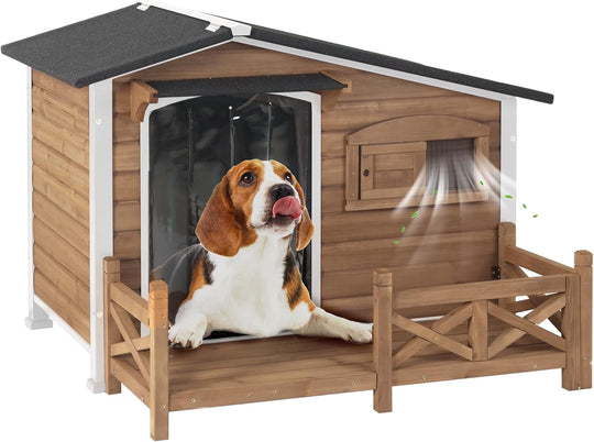 MEDEHOO 44.6" Large Dog House Outdoor Weatherproof Dog Kennel Shelter, Chew-Proof Full Metal Frame, Waterproof Openable Roof, Spacious Porch for Medium to Large Breeds, Light Brown