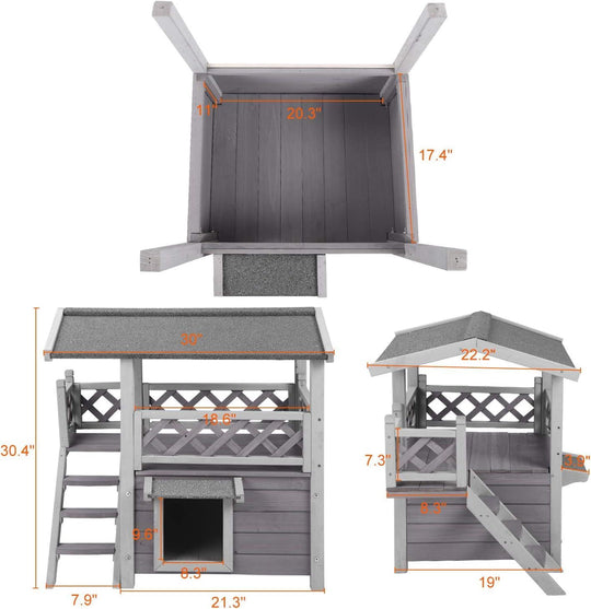 BUTINGLALE Cat House Outdoor Indoor Feral Cat Shelter Wooden Kitty House with Stairs, Balcony＆Weatherproof Roof AIR09-B-Q