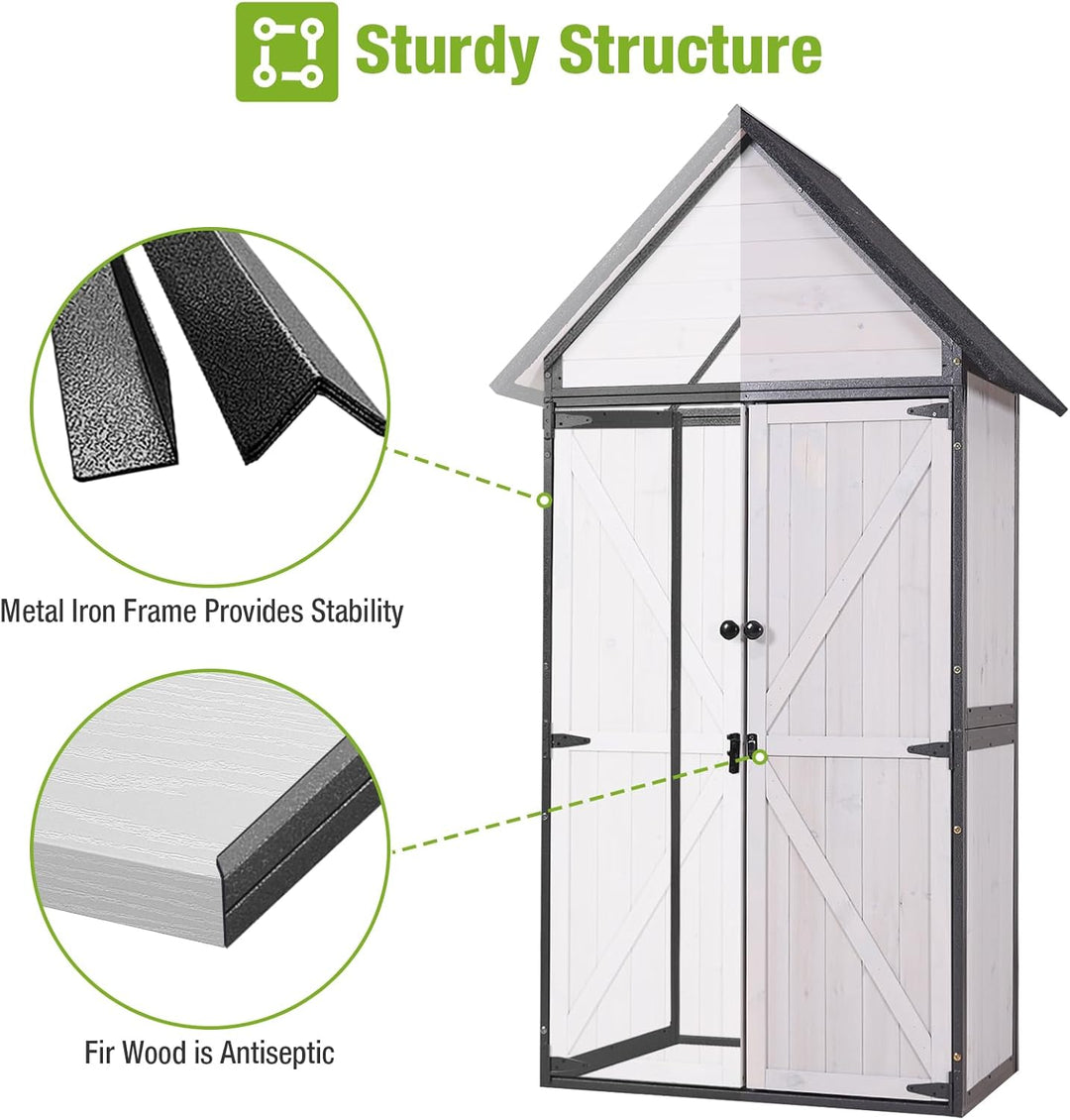 MEDEHOO Outdoor Storage Shed with All Around Strong Metal Frame, Garden Tool Sheds Cabinet with Floor &amp; Adjustable Shelves, Wooden Tool House for Backyard Garden Patio Lawn (White)