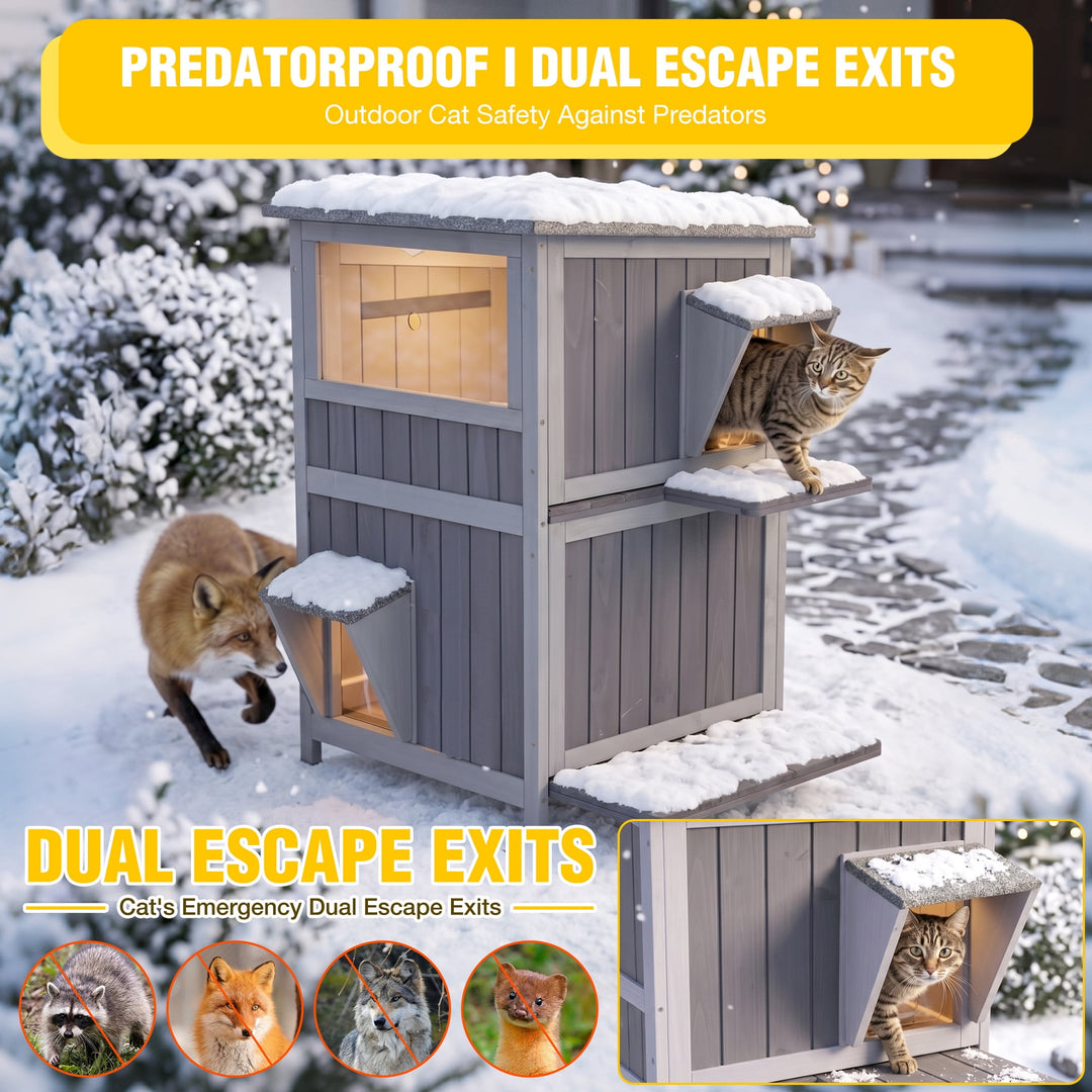 MEDEHOO Heated Cat House with Heating Pad &amp; Insulated Liner for Winter with Heater and Insulated Liner Two Story AIR14-IN-HP-PD