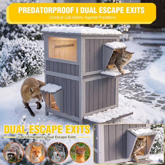 MEDEHOO Heated Cat House with Heating Pad &amp; Insulated Liner for Winter with Heater and Insulated Liner Two Story AIR14-IN-HP-PD