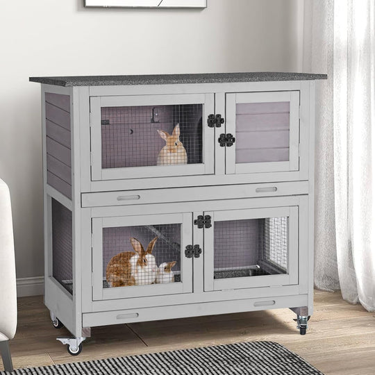 BUTINGLALE 2-Story Rabbit Hutch with Chew-Proof Ramp, 36" Indoor/Outdoor Rabbit Cage with 4 Casters &amp; 2 Pull-Out Trays, Wooden Bunny Hutch Leakproof Small Animal Cage for Rabbits, Guinea Pigs RH-AIR77-G-MA
