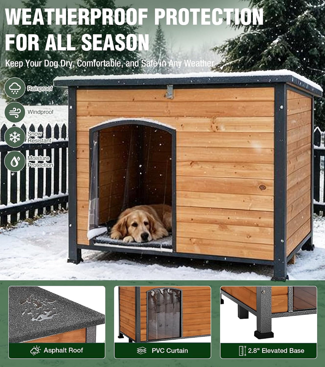 MEDEHOO 43.3" Large Heated Outdoor Dog House with Heating Pad &amp; Metal Frame for Medium to Large Breeds Wooden Dog Kennel with Openable Weatherproof Roof Inulated Dog House for Outside Dogs