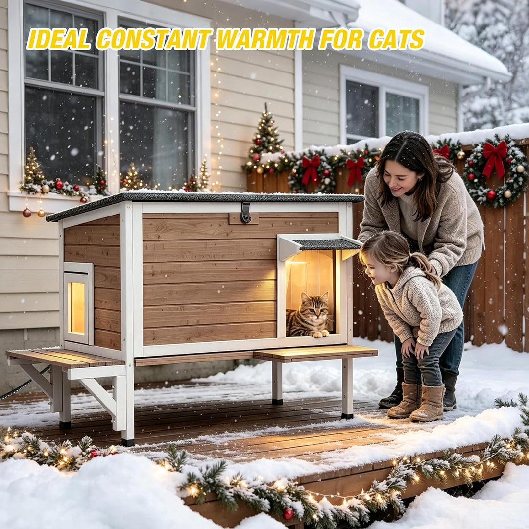 MEDEHOO Large Heated Cat House with Liner, Weatherproof Cat Shelter | Brown Outdoor Insulated Windproof Feral Cat Shelter with Heating Pad, Chewproof Cable