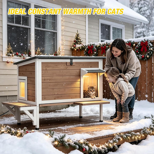 MEDEHOO Large Heated Cat House with Liner, Weatherproof Cat Shelter | Brown Outdoor Insulated Windproof Feral Cat Shelter with Heating Pad, Chewproof Cable