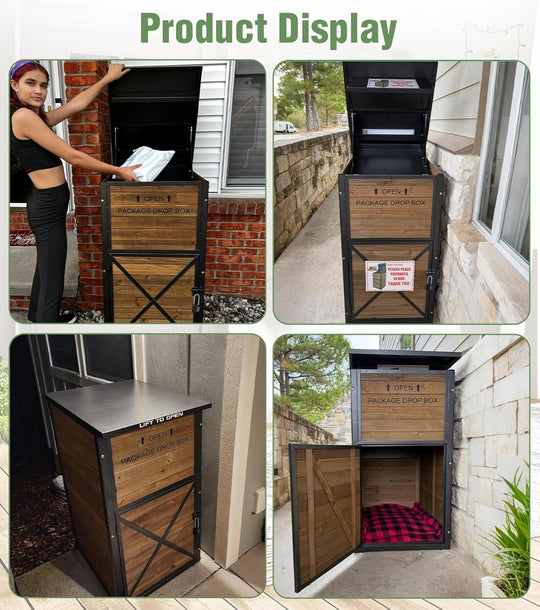 MEDEHOO Package Delivery Boxes for Outside, Anti-Theft &amp; Weatherproof Solid Wood with Iron Frame, Parcel Drop Box with Combination Lockable, Lockable Secure Package Holder for Porch AIR7011-4-AD-WM