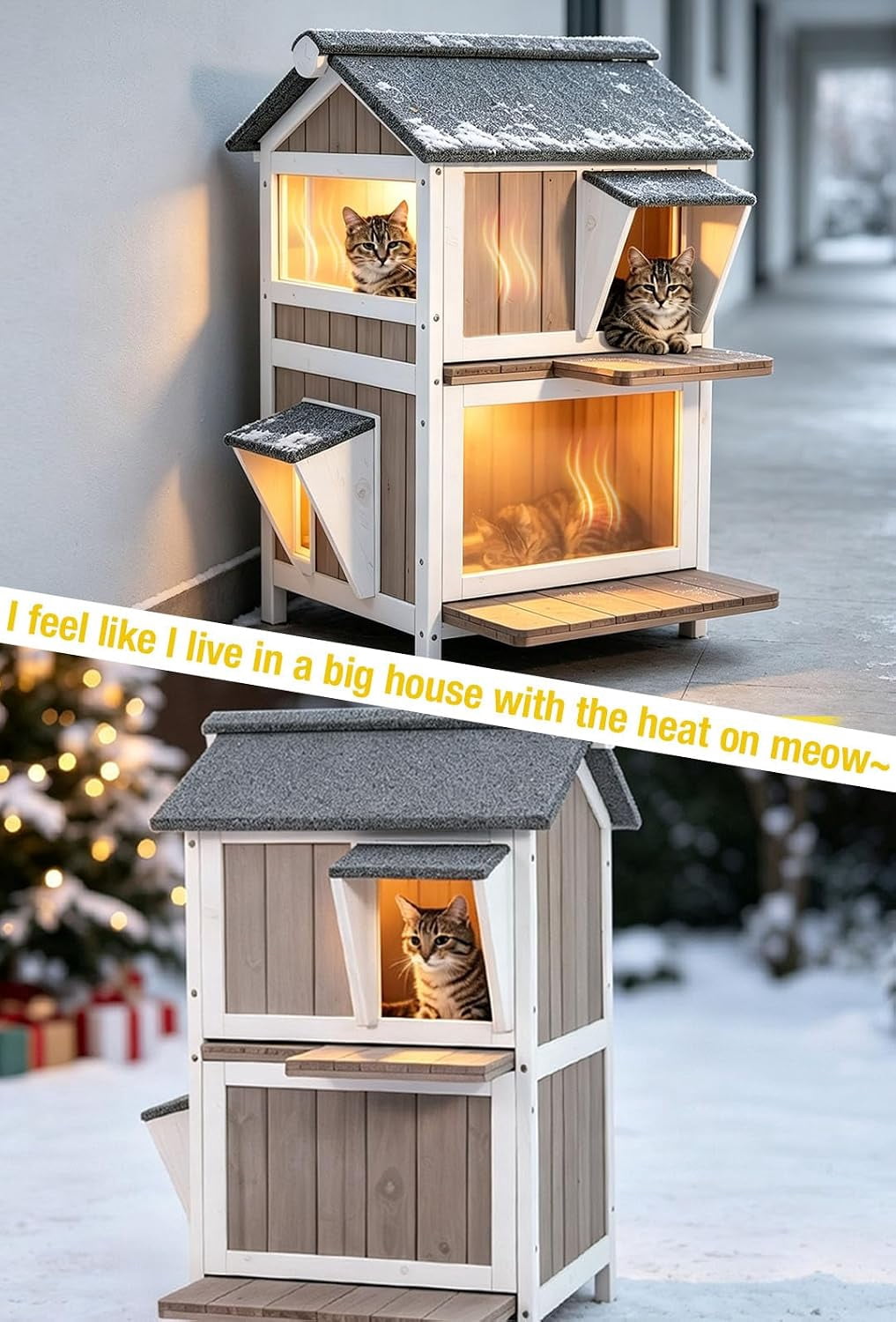 MEDEHOO Heated Outdoor Cat House, Insulated Weatherproof Feral Shelter with UL-Tested Pad &amp; Thermal Liner (Brown)