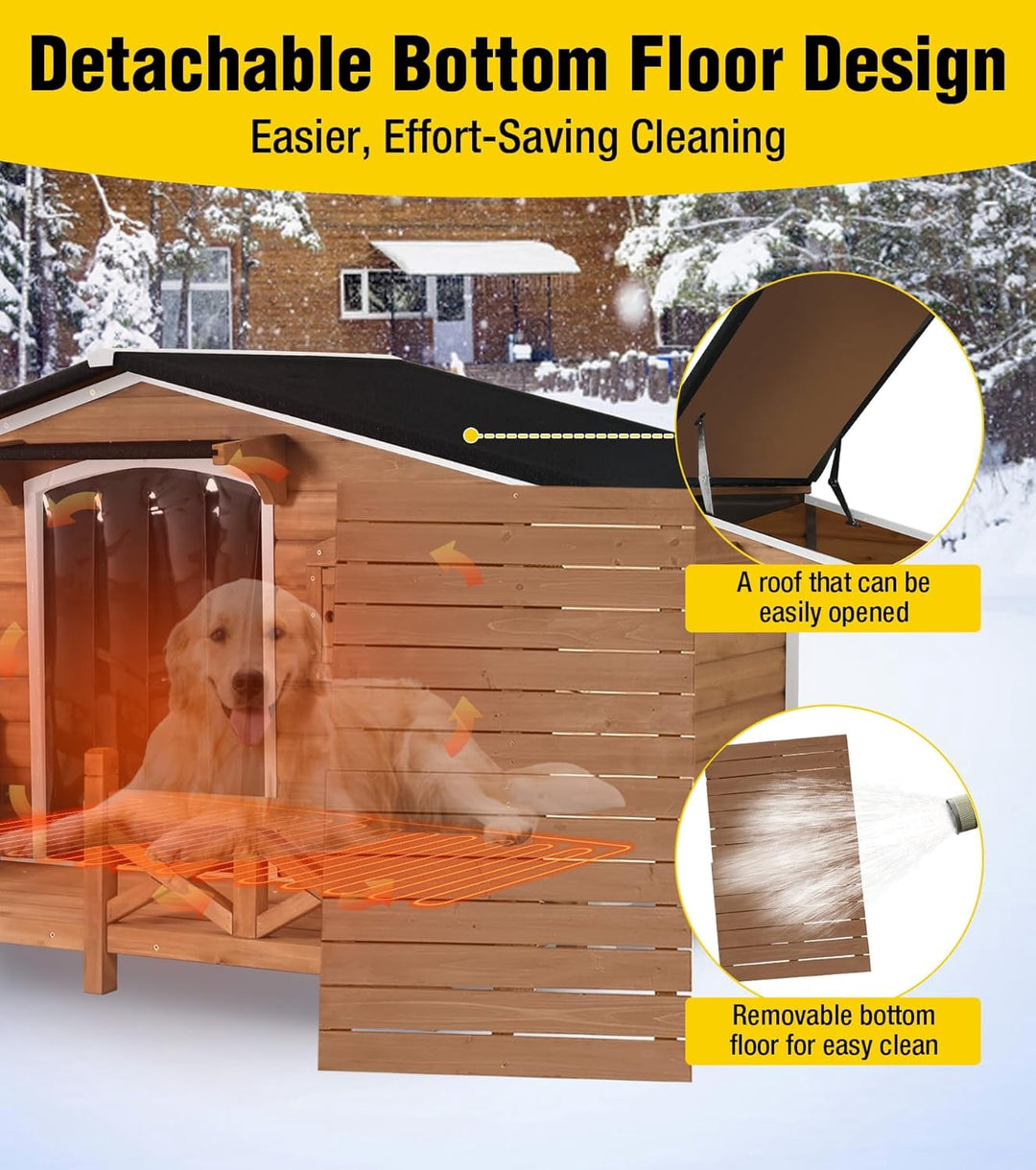 MEDEHOO 44.6" Large Outdoor Heated Dog House XL Insulated Dog Kennel with Safe Heating Pad, Chew-Proof Metal Frame, 6-Sided Thermal Liner for Large Dog Breeds, Dark Brown