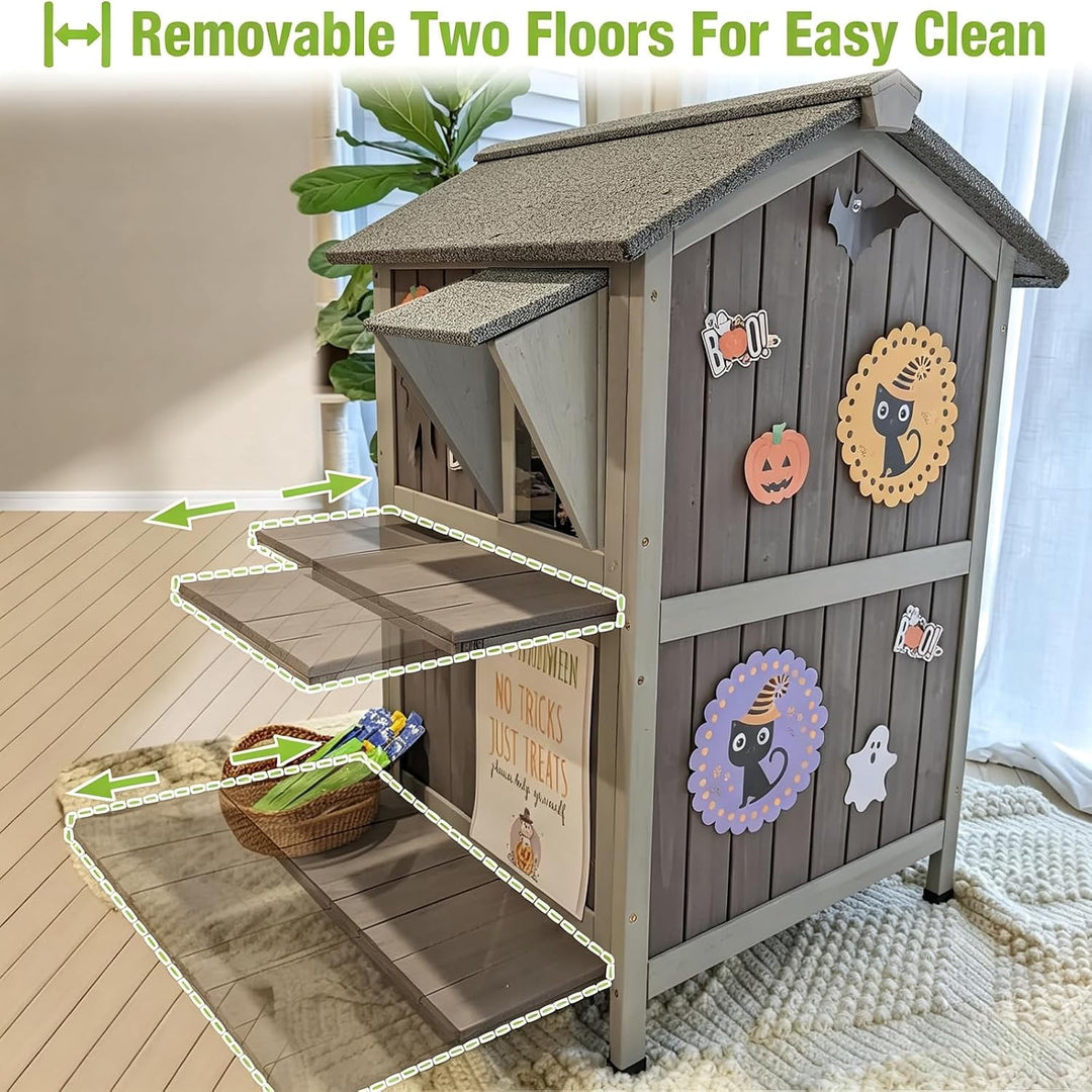 MEDEHOO 2-Story Outdoor Cat House, Insulated Weatherproof Feral Shelter with Openable Roof &amp; Acrylic Window