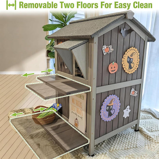 MEDEHOO 2-Story Outdoor Cat House, Insulated Weatherproof Feral Shelter with Openable Roof &amp; Acrylic Window