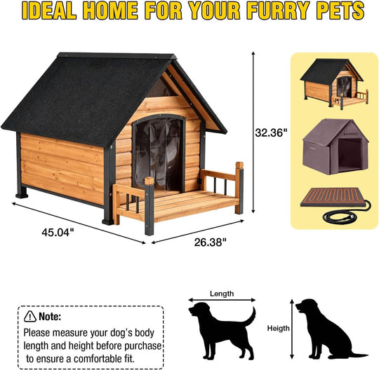 MEDEHOO 45"D Heated Dog House Outdoor, Insulated Weatherproof Shelter with Chew-Proof Metal Frame &amp; Porch (Brown)