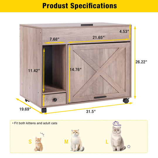 MEDEHOO Cat Litter Box Enclosure Cabinet,Flip Top Hidden Litter Box Furniture,Indoor Wooden Covered Cat House with Drawer,Wheels