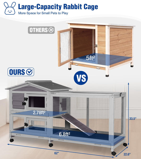 MEDEHOO Large Rabbit Hutch Indoor, Bunny Cage Outdoor with Chew-Proof Ramp, 2-Story Guinea Pig Cages with 6 Wheels, 3 Pull-Out Trays, Waterproof Asphalt Roof, 62" L - Gray AIR19G-9-AD-WM