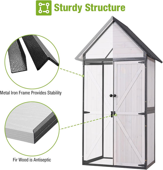 MEDEHOO Outdoor Storage Shed with All Around Strong Metal Frame, Garden Tool Sheds Cabinet with Floor &amp; Adjustable Shelves, Wooden Tool House for Backyard Garden Patio Lawn (White)