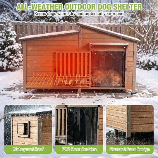MEDEHOO Extra Large Heated Dog House Insulated Dog Shelter Weatherproof Dog Kennel with Heating Pad, Chew-Proof Metal Frame, 6-Sided Thermal Liner for Large Dog Breeds (Camel)