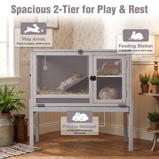 MEDEHOO Indoor Guinea Pig Cage Rabbit Cage with Chew-Resistant Edges, Leakproof Deep Tray and Detachable Legs, Gray AIR53-DG-WFS-GE
