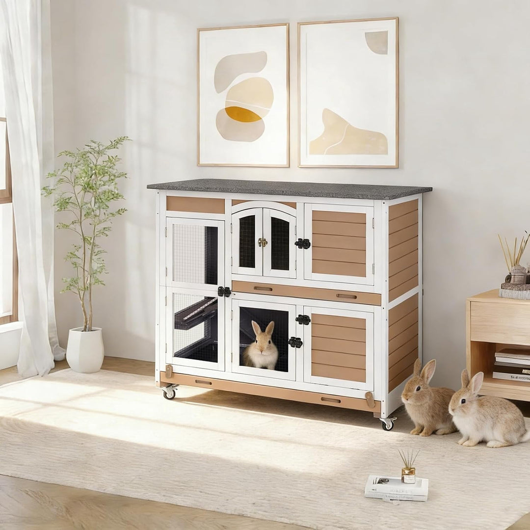 MEDEHOO 47" Two Story Rabbit Hutch with Wheels, Indoor Outdoor Rabbit Cage with Wheels &amp; Leak-Proof Trays for Rabbits, Guinea Pigs(Brown) AIR06-D-E-WM