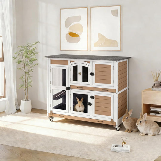 MEDEHOO 47" Two Story Rabbit Hutch with Wheels, Indoor Outdoor Rabbit Cage with Wheels &amp; Leak-Proof Trays for Rabbits, Guinea Pigs(Brown) AIR06-D-E-WM
