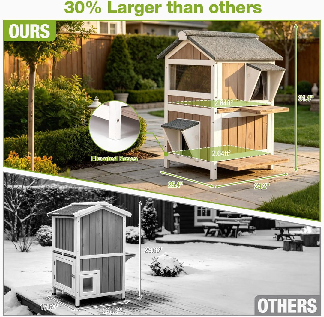 MEDEHOO Heated Outdoor Cat House for Outside, 2-Level Insulated Cat Shelter, Weatherproof Feral Cat House for Winter, White &amp; Brown