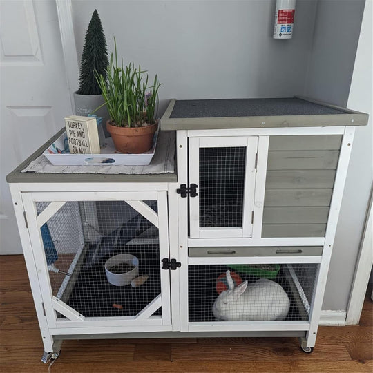 MEDEHOO Upgrade Rabbit Hutch Rabbit Cage Indoor Bunny Hutch with Run Outdoor Rabbit House with Two Deeper No Leak Trays - 4 Casters Include (Mocca Color Without Bottom Wire Netting) XZ7003-KK-WM