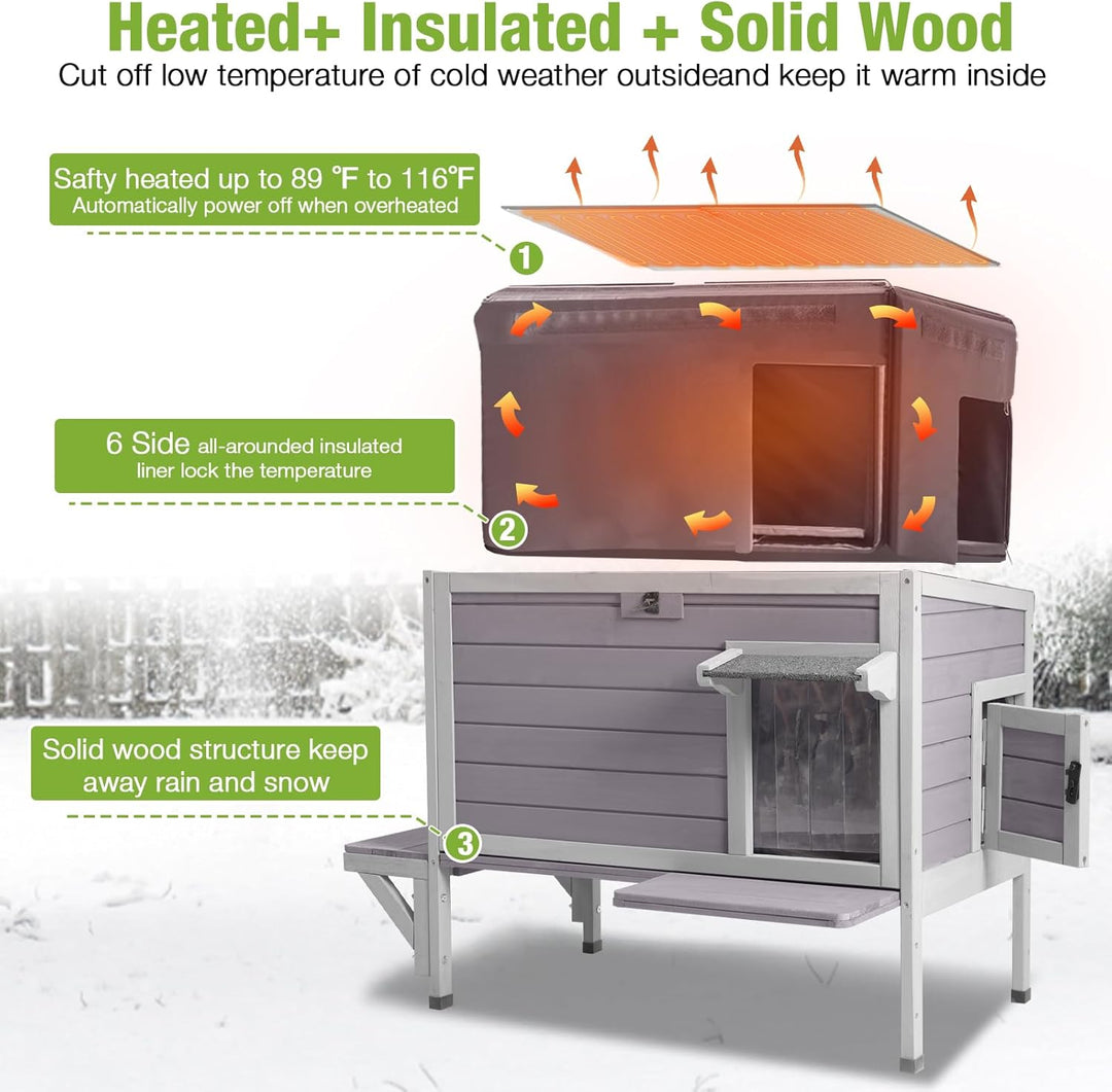 MEDEHOO Heated Cat House for Outside Insulated Outdoor Cat House Weatherproof Feral Cat Shelter with Cat Heated Pad, All-Round Thermal Liner, Secure Escape Doors for 1-3 Cats