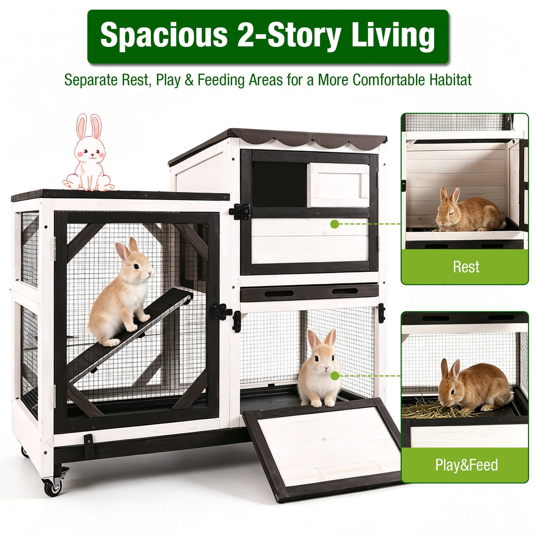 MEDEHOO 39.3" 2-Story Rabbit Hutch with Lockable Wheels, Indoor Outdoor Wooden Bunny Cage with 2 Pull-Out Trays and Chew-Resistant Edges, Black and White AIR7013-BW-WFS-GE