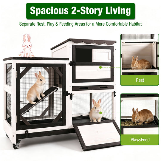 MEDEHOO 39.3" 2-Story Rabbit Hutch with Lockable Wheels, Indoor Outdoor Wooden Bunny Cage with 2 Pull-Out Trays and Chew-Resistant Edges, Black and White AIR7013-BW-WFS-GE