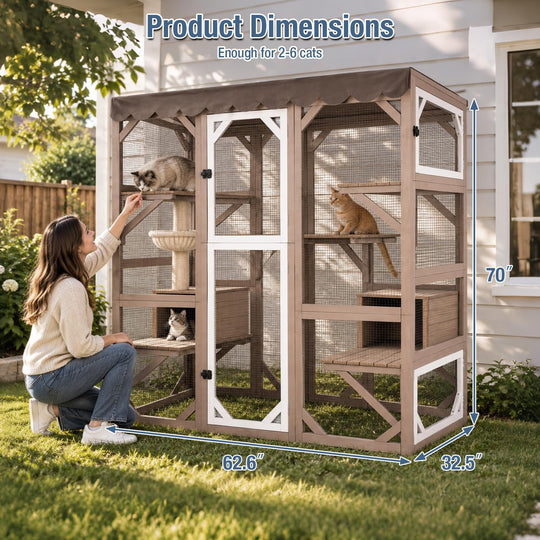 MEDEHOO Cat Catio Outdoor Cat House Movable Large Enclosures on Exercise Wheels Kitty Cage with Upgraded Resting Box,Waterproof Cover Camel AIR37-M-C-ML-WM