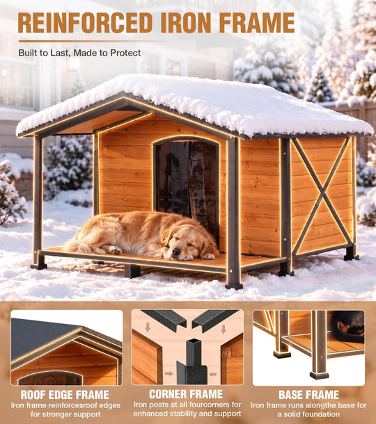 MEDEHOO Extra Large XXL Heated Dog House Outdoor with Full Iron Frame and Porch Waterproof Heated Pad Insulated Liner Outdoor Weatherproof Kennel All-Around Iron Frame