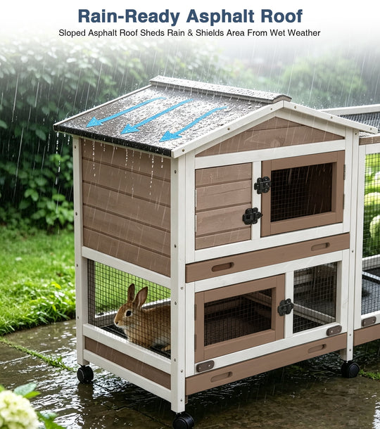 MEDEHOO 62"L Rabbit Cage Indoor Rabbit Hutch on Wheels with Chew-Proof Ramp and Pull Out Tray Bunny Hutch Guinea Pig Cage with Run Brown