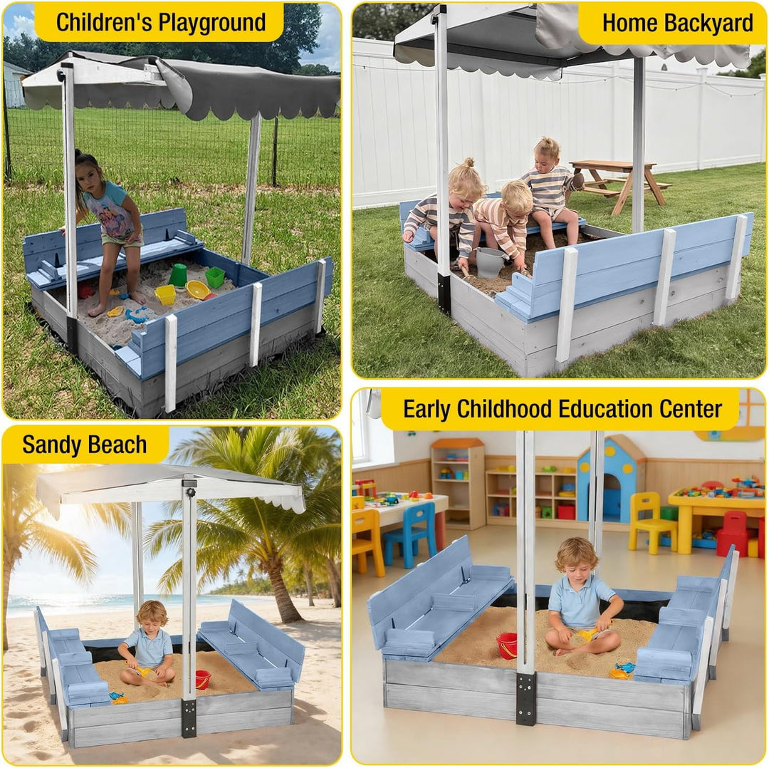Sandbox for Kids with Adjustable Canopy, Wooden Sand Box with 2 Foldable Seats, Sandbox with Lid Outdoor (Blue) GUT05-B-2