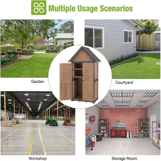 MEDEHOO Outdoor Storage Shed with All Around Strong Metal Frame, Garden Tool Sheds Cabinet with Floor &amp; Adjustable Shelves, Wooden Tool House for Backyard Garden Patio Lawn (Brown)