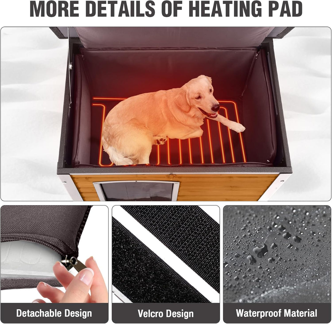 MEDEHOO 33.3’’ Heated Outdoor Dog House Weatherproof Insulated Dog Kennel with Metal Frame, Dog Shelter with Heating Pad, 6-Sided Insulated Liner and PVC Door Curtain for Winter (Brown)