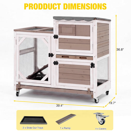 MEDEHOO Rabbit Cage Indoor Outdoor Bunny Hutch on Wheels, 2 Story Wood Guinea Pig Cages with 2 Deeper Pull Out Trays AIR7013-PD