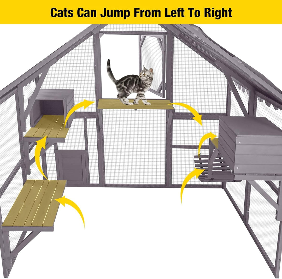 MEDEHOO Extra Large Catio Outdoor Cat Enclosure Window Design for 6-10 Cats, Large Cat Run with Bridges, Walk-in Patio Cat House with 4 Access Doors, Waterproof Roof, 74 Inch
