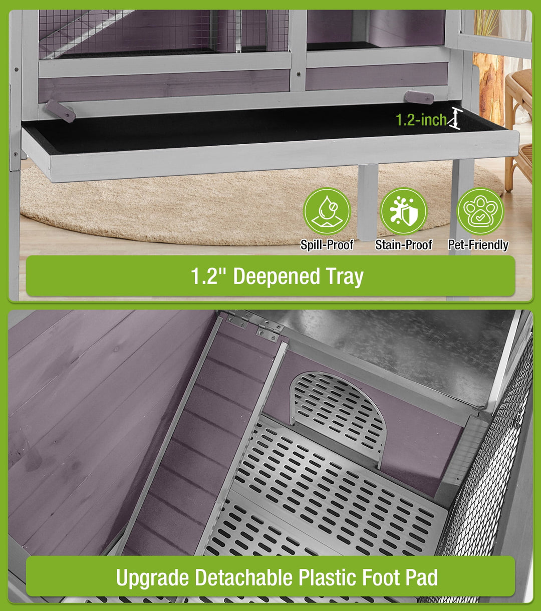 MEDEHOO Indoor Guinea Pig Cage Rabbit Hutch with Chew-Proof Ramp, 2-Story Wooden Bunny House with Pull-Out Trays &amp; Leakproof PVC Layer, Small Animal Cages with Detachable Legs (Gray) AIR53-DG-PD