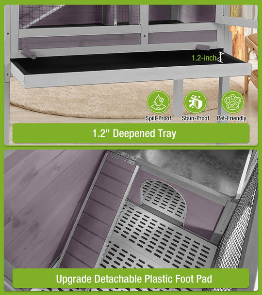 MEDEHOO Indoor Guinea Pig Cage Rabbit Hutch with Chew-Proof Ramp, 2-Story Wooden Bunny House with Pull-Out Trays &amp; Leakproof PVC Layer, Small Animal Cages with Detachable Legs (Gray) AIR53-DG-PD