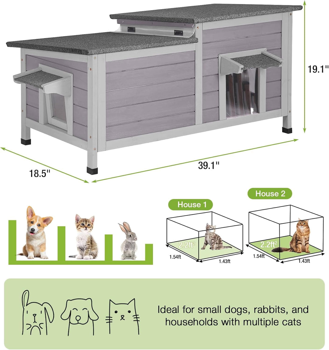 MEDEHOO Outdoor Cat House Weatherproof, Large Cat Shelter with Openable Roofs, Feral Kitty Shelter with Elevated Base, PVC Curtain AIR93-AD-WM