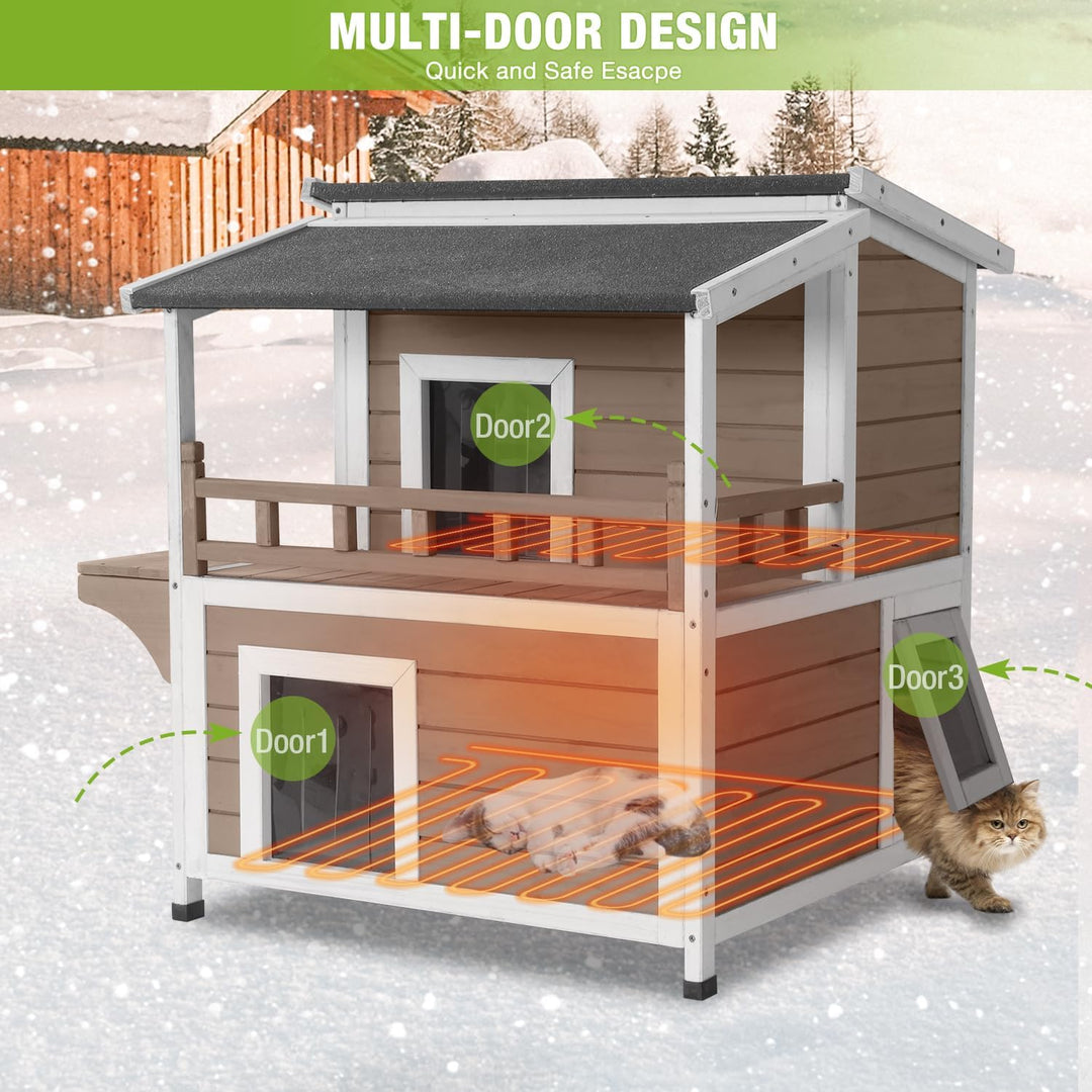 MEDEHOO Cat House for Outdoor Cats Large 2-Stroy Insulated Kitty Shelter with Heater for Winter,Waterproof Great for Indoor &amp; Outdoor Use,Brown