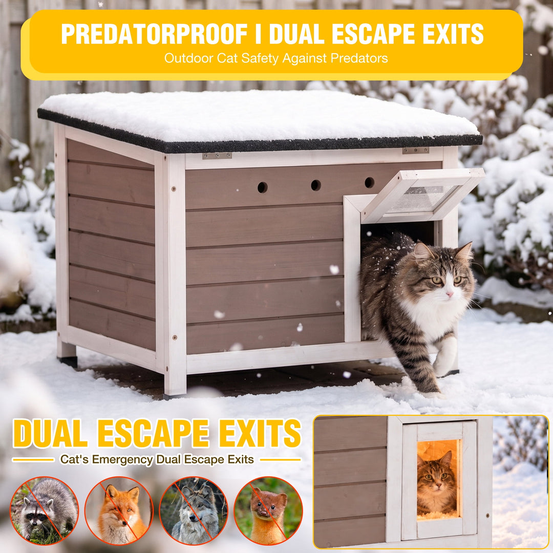 MEDEHOO Heated Outdoor Cat House for Winter, 23.6" Insulated Wooden Feral Cat Shelter with Thermostatic Heating Pad, Raised Feet and Door Curtain AIR12-WB-HP-GE-WM