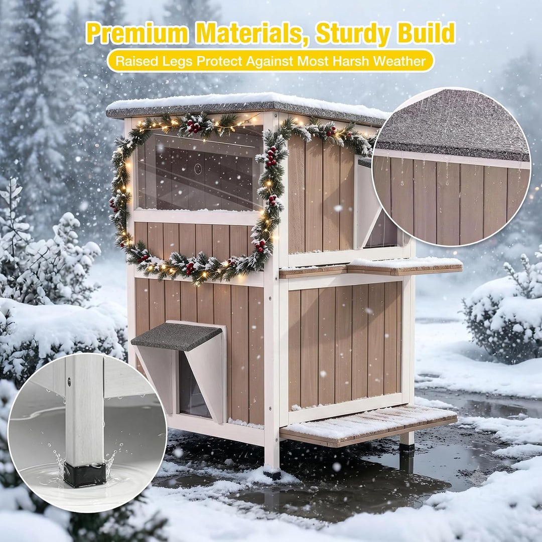 MEDEHOO 2-Story Heated Outdoor Cat House, Insulated Weatherproof Feral Shelter with Escape Doors &amp; Heating Pad AIR14-B-HP-PA-WM2