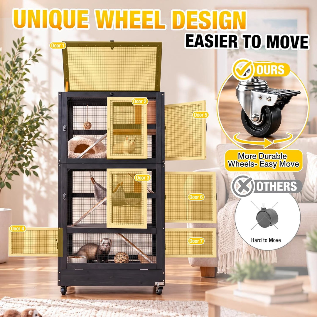 MEDEHOO 5-Tier Wooden Ferret Cage for Guinea Pigs Indoor Cage with Wheels 55.2" Large Chinchilla Cage, Chew-Resistant Edges, Leakproof Pull-Out Tray, 6 Access Doors, Easy-Clean (Black) AIR38-B-JO-WM