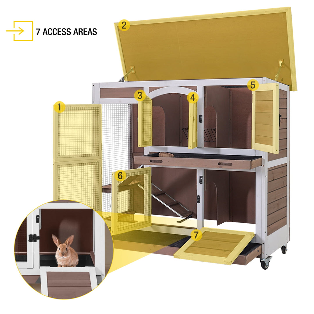 MEDEHOO Rabbit Hutch Indoor Bunny House Guinea Pig Cage with Sliding Plastic Trays, Wheels &amp; Ramp, 47.2" Multi-Door Wooden Small Animal Cage for Rabbits Bunnies, and Guinea Pigs, Brown AIR06 D-A11-WM