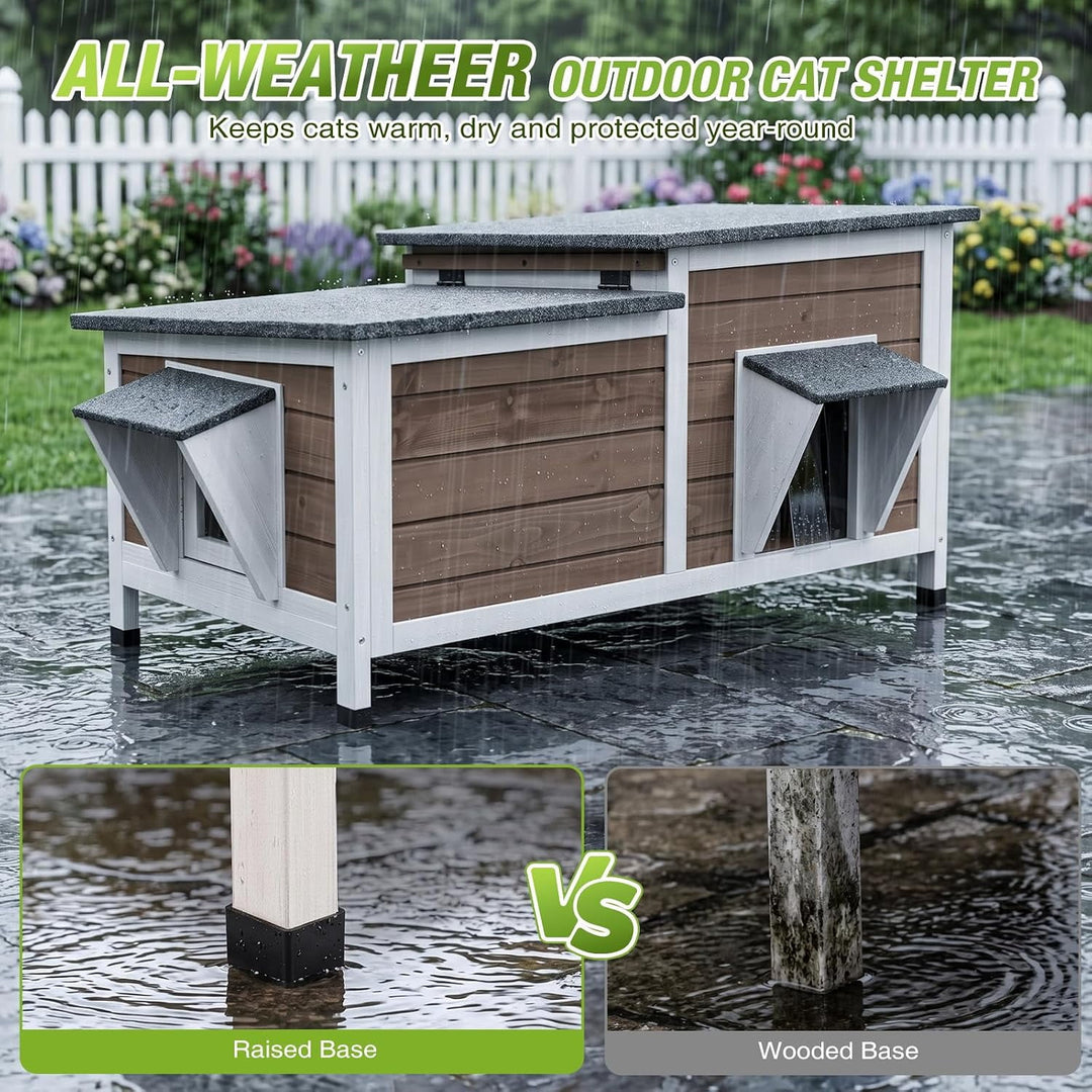 MEDEHOO Large Heated Outdoor Cat House for Multiple Cats 6-Sided All-Around Insulated Liner, 8-Layer Protection Heating Pad&amp;Liner, Escape Doors, Weatherproof Wood Shelter for Winter AIR93-B-HP-PA-WM2