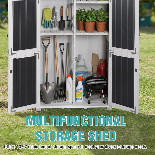 MEDEHOO Shed Outdoor Storage, Outdoor Storage Cabinet with Metal Frame &amp; Adjustable Shelves, Weatherproof Tool Shed for Backyard Patio Lawn, White