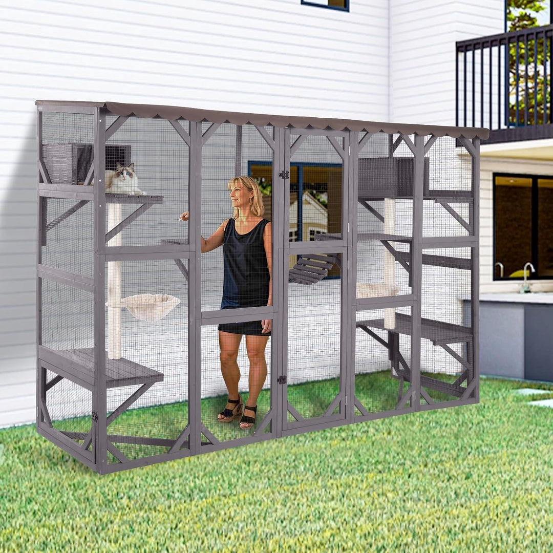 MEDEHOO Extra-Large Catio, 104" Wall-Mounted Outdoor Cat Enclosure - Cat Cage Window Box Walk-in Cat Kennel Shelter with Weatherproof Roof, 2 Scratching Posts, 2 Hammocks &amp; Bridge for 6-8 Cats