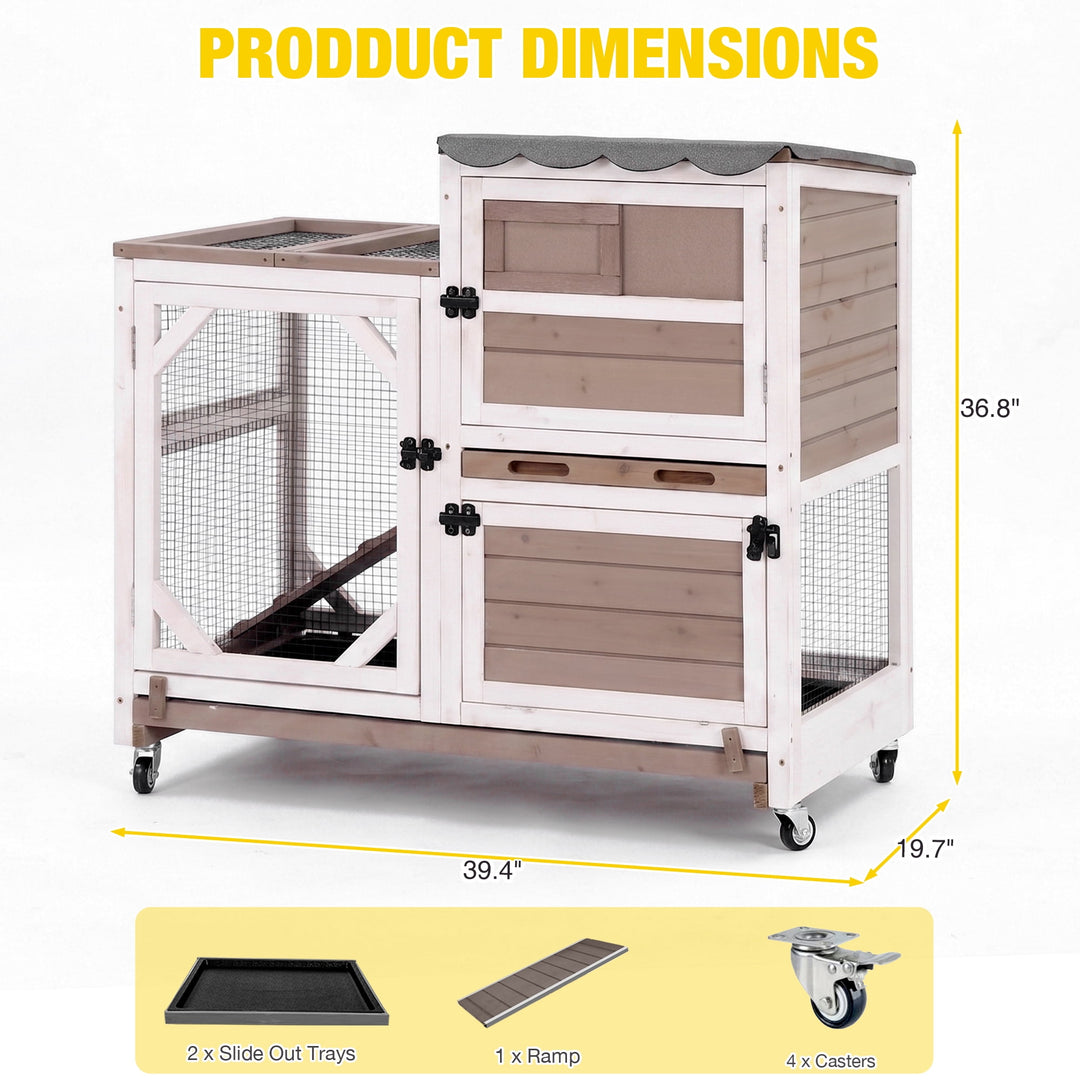 MEDEHOO Rabbit Cage Indoor Outdoor Bunny Hutch on Wheels, 2 Story Wood Guinea Pig Cages with 2 Deeper Pull Out Trays AIR7013-PD