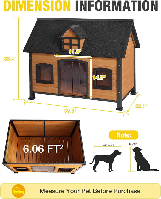 MEDEHOO Heated Dog House Outdoor, Insulated Wooden Kennel with Chew-Proof Metal Frame &amp; Weatherproof Roof