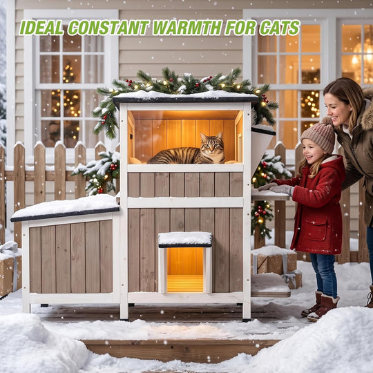 MEDEHOO Extra Large Heated Outdoor Cat House with Heating Pad and 6-Sided Insulation for Multiple Cats, Brown AIR7033-WB-HP-GE
